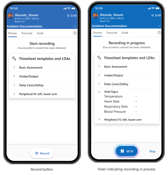 Onglet Aperçu affichant le contenu disponible à documenter et écran montrant un minuteur qui compte à la hausse pendant l’enregistrement.