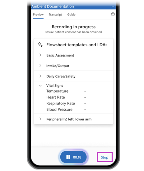 Image montrant l’onglet Aperçu avec le bouton Arrêter en surbrillance.