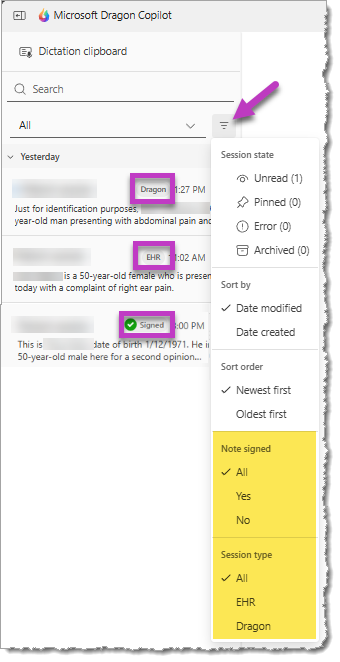 Image de la liste des sessions dans Dragon Copilot affichant les options de filtre et les étiquettes pour les sessions Dragon, DMI et Signed.