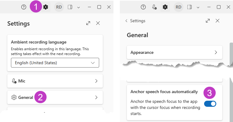 Sélectionnez Paramètres > Bouton bascule activé automatiquement sous Le focus vocal Ancre.