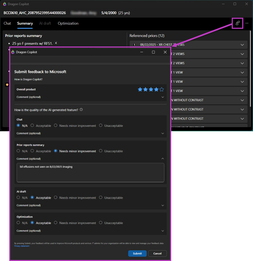 Capture d’écran montrant la fenêtre des commentaires avec des options permettant de sélectionner l’évaluation globale sous forme d’étoile pour Dragon Copilot et de sélectionner des choix pour décrire la qualité de l’IA générée : non applicable, acceptable, besoins d’amélioration mineure, inacceptable, ainsi que des options pour ajouter des commentaires dans chaque section.