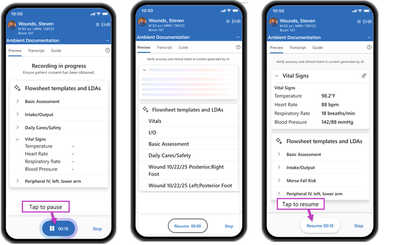 Image montrant l’onglet Aperçu avec l’action pause/minuteur en surbrillance, l’écran de traitement, suivi de l’onglet Aperçu avec le bouton Reprendre en surbrillance.
