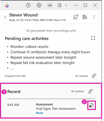 Notes de soins provenant des interactions patient récentes. 