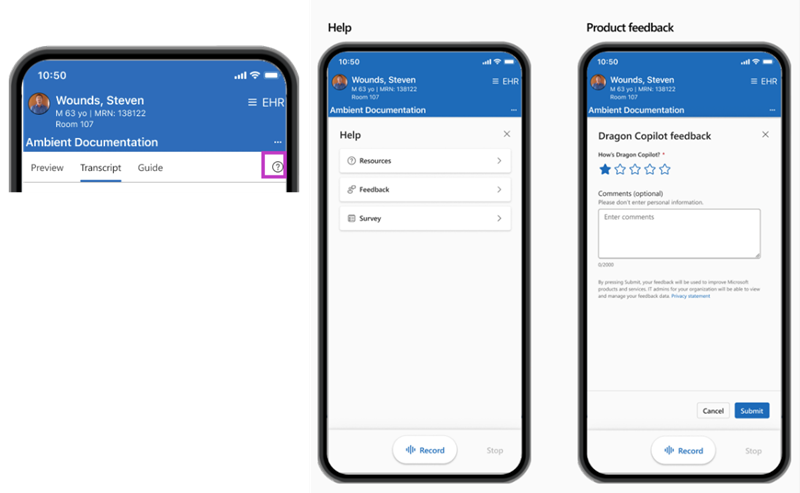 Options du menu d’aide de Dragon Copilot pour Epic pour les infirmiers(ères).