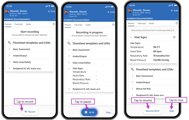 Écrans Dragon Copilot pour Epic Rover avec pause et reprise de l’enregistrement.