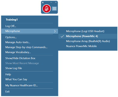 Menu DragonBar ouvert avec menu déroulant pour microphone