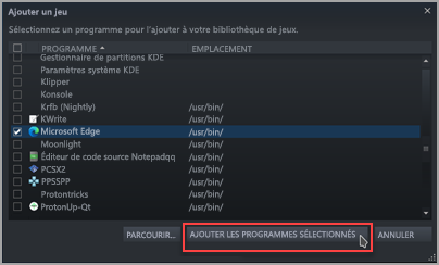Localiser et vérifier Microsoft Edge (bêta) dans la liste Ajouter un jeu dans Steam