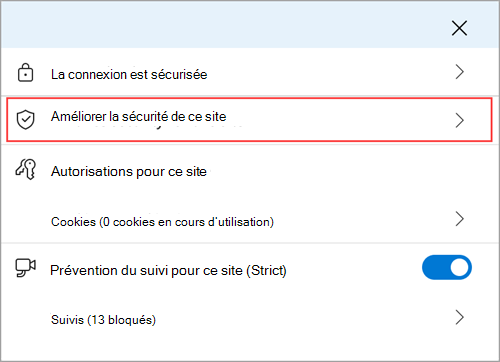 Menu d’informations sur le site Microsoft Edge montrant la fonctionnalité Améliorer la sécurité de ce site.