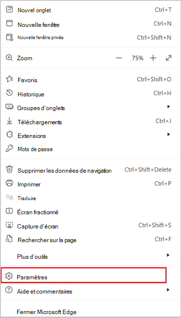Capture d’écran des paramètres Edge.