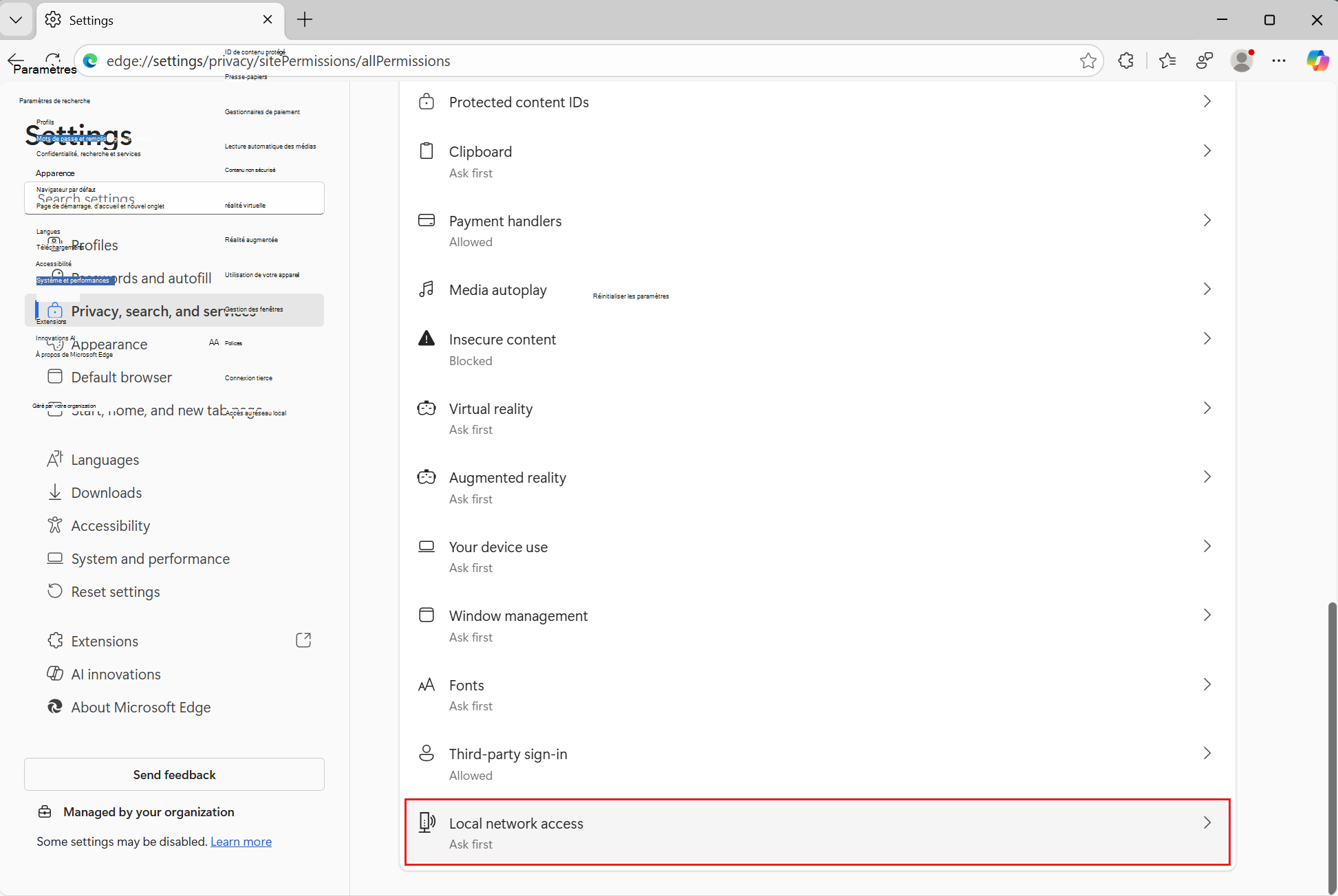 Capture d’écran LocalNetworkAccess dans les paramètres Edge