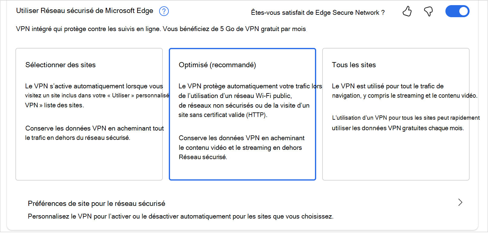 Capture d’écran des options dans MicrosoftEdgeSecureNetwrok