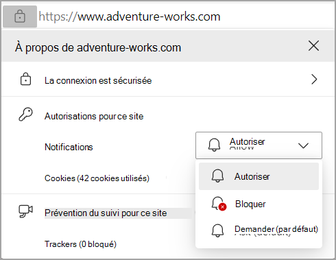 Image montrant les autorisations notifications dans la barre d’adresse du navigateur Edges.