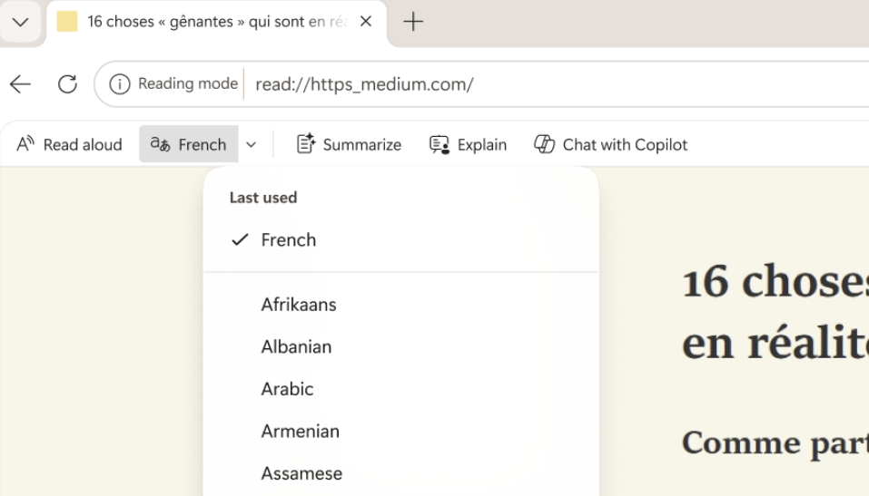 Capture d’écran du mode lecture Traduire.
