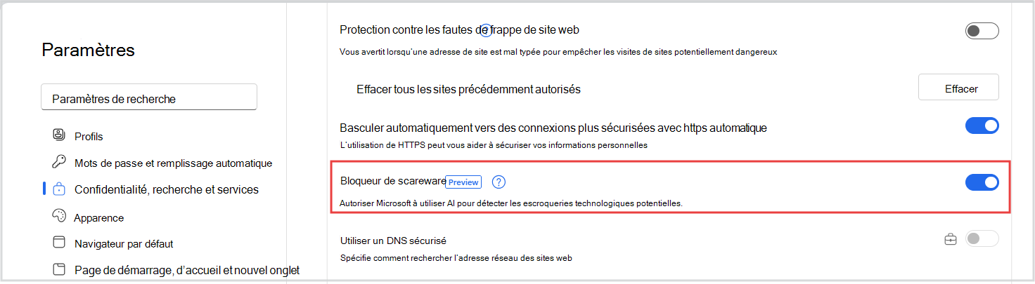 Capture d’écran du bouton bascule scareware dans les paramètres Edge