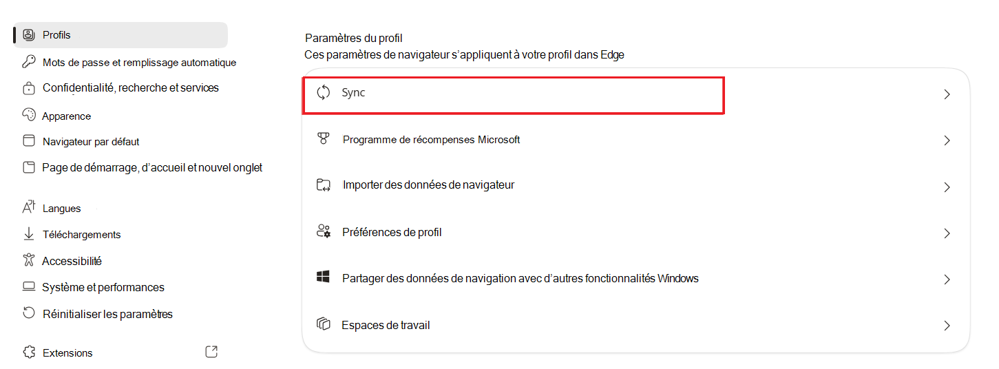 Capture d’écran des paramètres de synchronisation dans Edge.