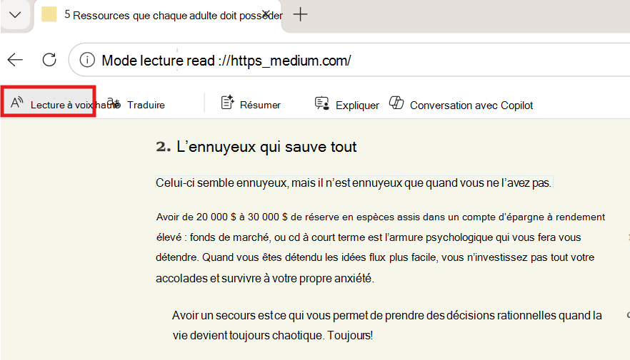 Capture d’écran de la lecture à voix haute.
