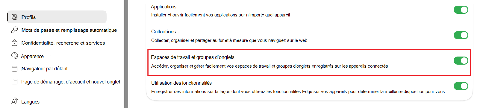 Capture d’écran des espaces de travail et des groupes d’onglets dans les paramètres Edge.