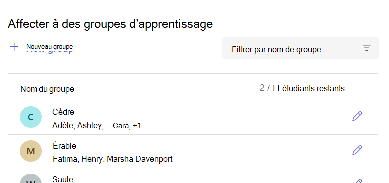 Liste des groupes d’apprentissage montrant les groupes nommés et le nombre d’étudiants dans chaque groupe.