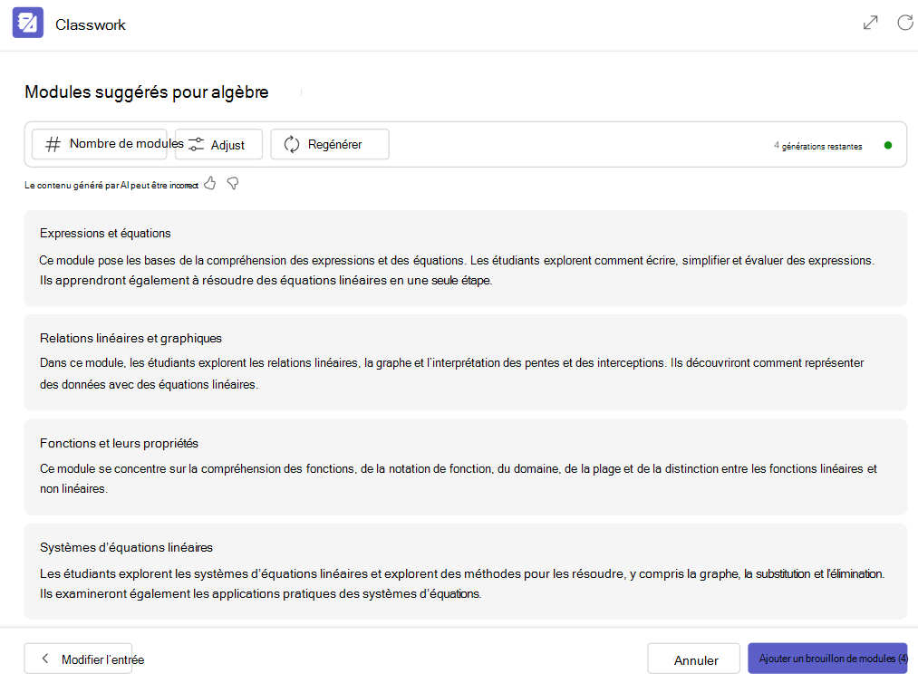 Capture d’écran des modules.