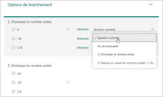 Capture d’écran de la sélection d’une question vers la branche.
