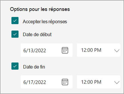 Capture d’écran des paramètres de formulaire/questionnaire où les utilisateurs peuvent définir une date de début et de fin pour les réponses.