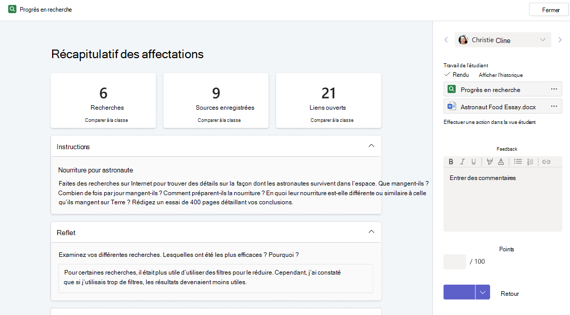 Page Résumé des devoirs, vue Enseignant, dans le Progrès en recherche. Présente des détails sur les recherches et les réflexions effectuées par l’étudiant dont le devoir terminé a été ouvert.