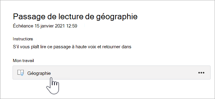 capture d’écran de l’expérience de l’étudiant. texte lit Geography reading passage, échéance janvier 15th 2021 12:59 AM, instructions : veuillez lire ce passage à haute voix et retourner, mon travail, un bouton qui lit Geography.
