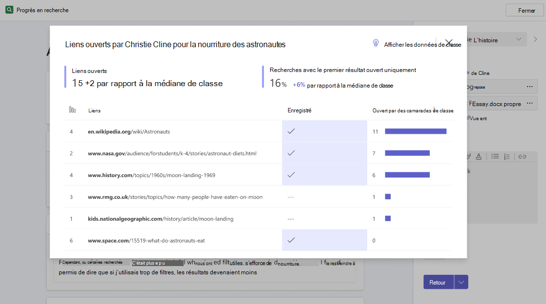 Fenêtre contextuelle montrant une vue d’ensemble plus détaillée des sources ouvertes par un étudiant et le nombre de ses camarades de classe qui ont ouvert les mêmes sources.