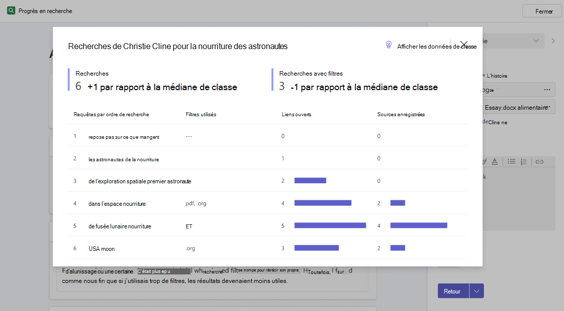 Fenêtre contextuelle montrant une vue d’ensemble plus détaillée des recherches effectuées par un étudiant et la façon dont le nombre de ces recherches et les recherches effectuées avec des filtres sont comparés à la médiane de classe.