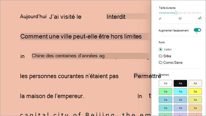 capture d’écran du lecteur immersif dans Progression de la lecture. les options sont affichées, notamment la taille du texte, l’espacement et la couleur d’arrière-plan