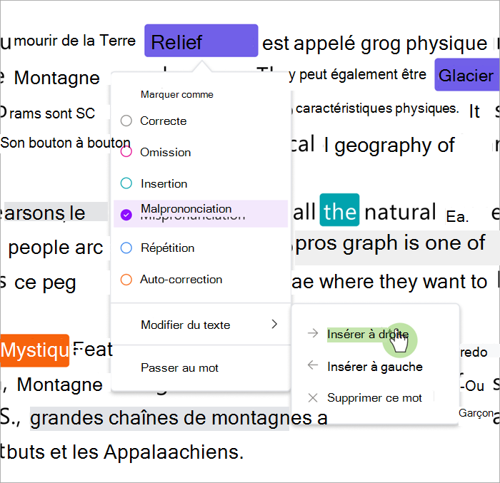Sreenshot du volet de révision de la progression de la lecture montrant comment insérer des mots à droite ou à gauche d’un mot sélectionné