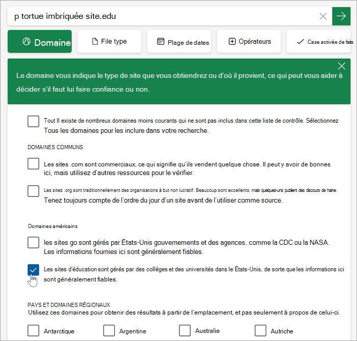 Capture d’écran de la liste déroulante de sélection des domaines. Les options sont répertoriées avec des explications (similaires à celles de l’article).