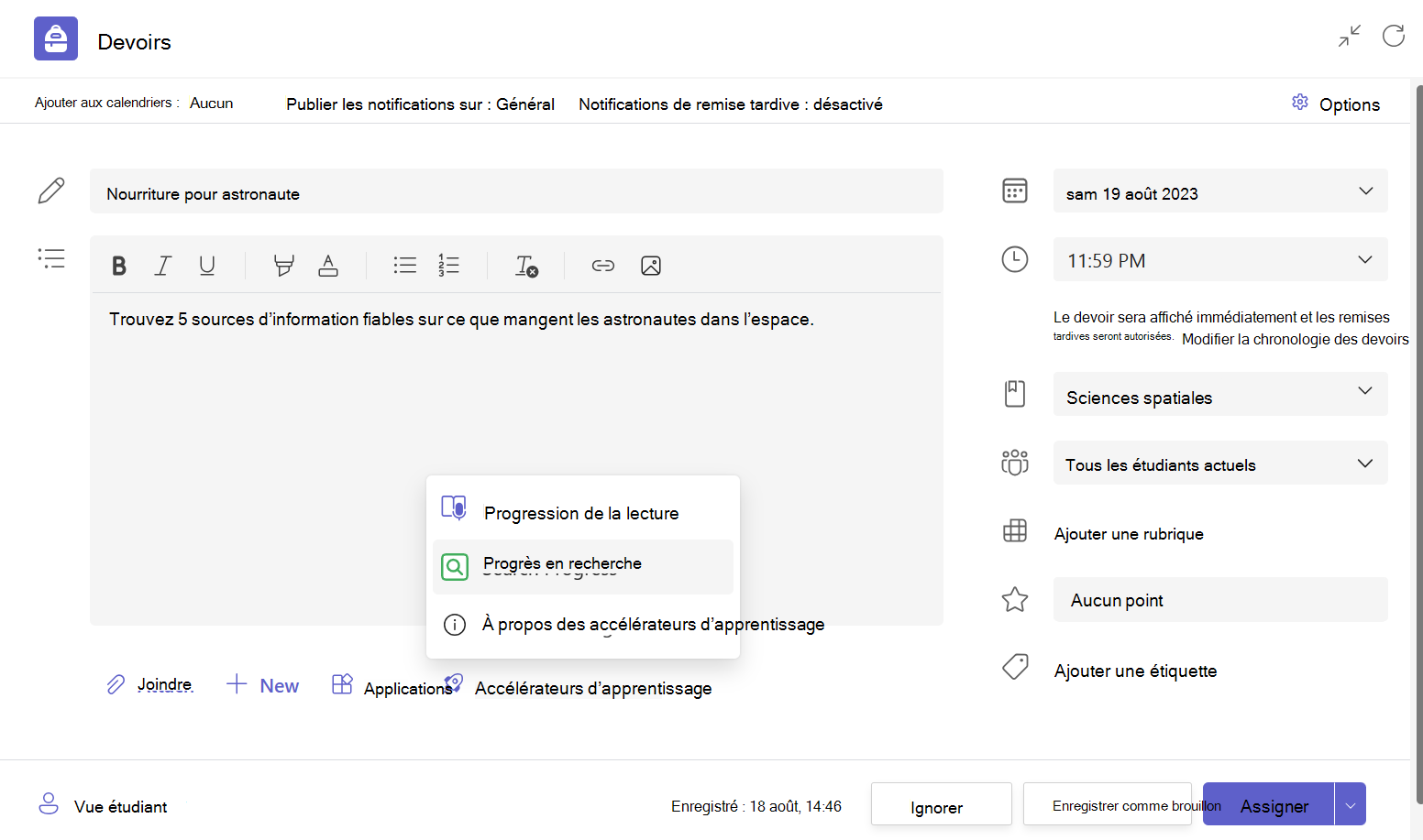 Capture d’écran d’un brouillon de devoir dans Teams Éducation, avec le menu des accélérateurs d’apprentissage développé et Progrès en recherche mis en surbrillance