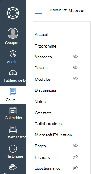 Sélectionnez le menu de navigation du cours Microsoft Éducation dans Canvas