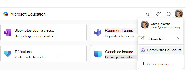 Élément de menu Paramètres du cours