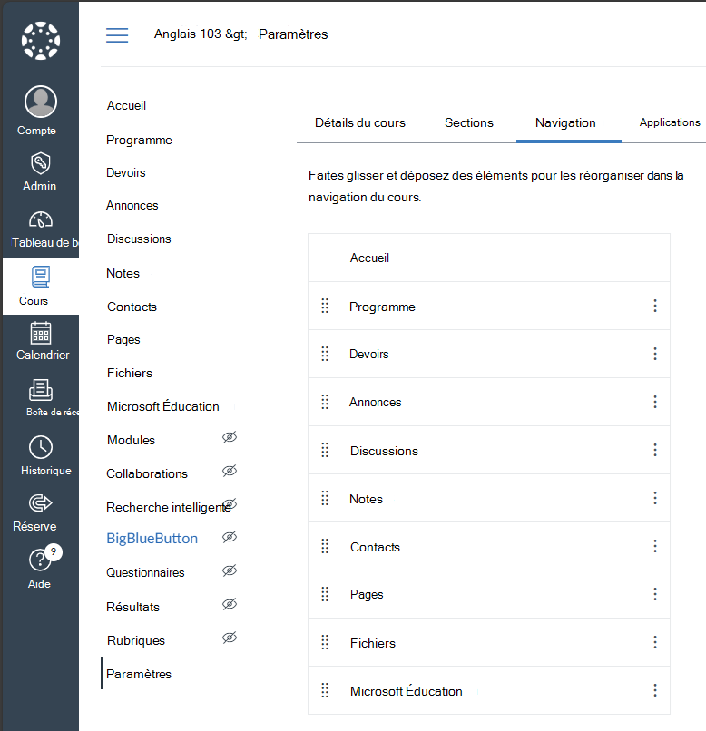 Activer les liens de navigation du cours Microsoft Éducation dans Canvas