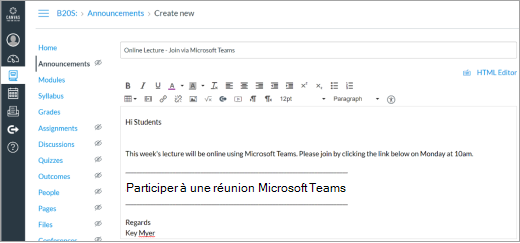 Lien Microsoft Teams dans la publication Canvas
