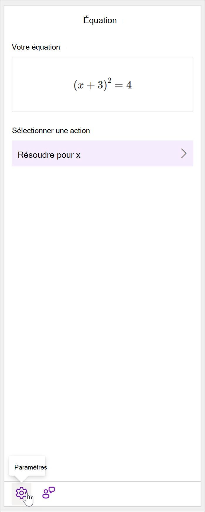 capture d’écran de l’intégralité du volet mathématique dans le bureau onenote avec l’équation (x+3)^2=4. un curseur pointe sur l’icône des paramètres.
