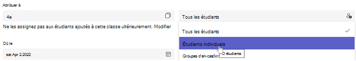 Capture d’écran de la création d’un devoir en sélectionnant Affecter à : étudiants individuels