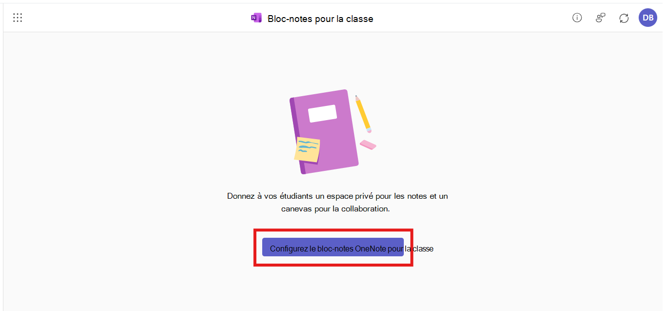 L’application Bloc-notes pour la classe est ouverte dans l’intégration M365 LTI. L’utilisateur est invité à créer un bloc-notes