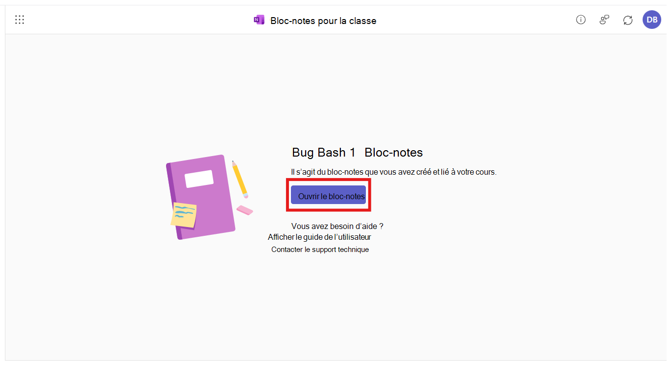 L’application Bloc-notes pour la classe est ouverte dans l’intégration M365 LTI. L’utilisateur est invité à lancer son bloc-notes nouvellement créé