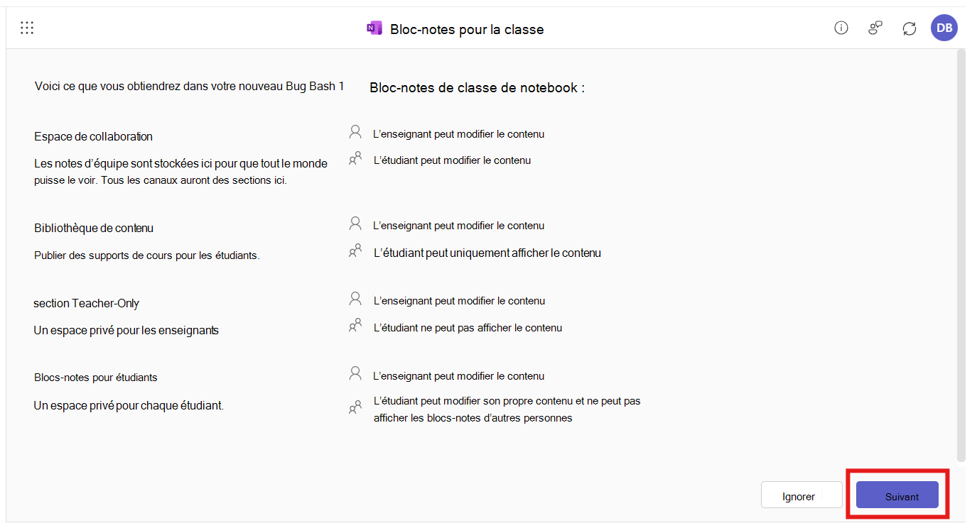 L’application Bloc-notes pour la classe est ouverte dans l’intégration M365 LTI. L’utilisateur est invité à consulter le plan du bloc-notes