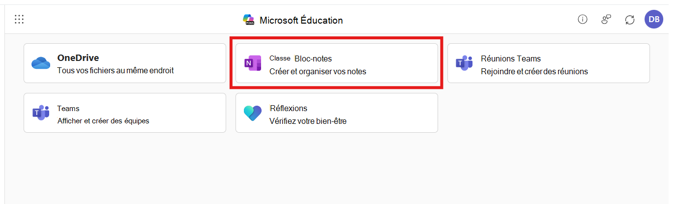 Capture d’écran de Microsoft 365 LTI application avec l’option Bloc-notes pour la classe sélectionnée