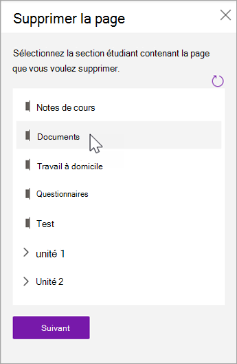 Choisissez la section étudiant avec la page que vous souhaitez supprimer.