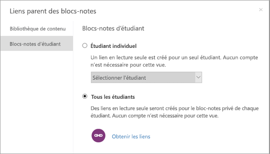 Créez des liens en lecture seule pour des blocs-notes d’étudiants individuels.
