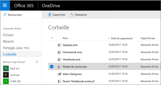Corbeille OneDrive avec une liste des pages de bloc-notes.