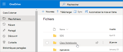 Dans Mes fichiers, sélectionnez Blocs-notes pour la classe.