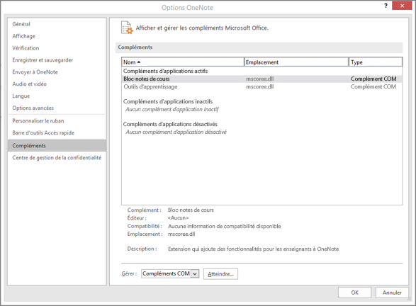 Gérer le volet compléments Office avec un bloc-notes OneNote pour la classe sélectionné. Section pour gérer les compléments COM avec le bouton OK.