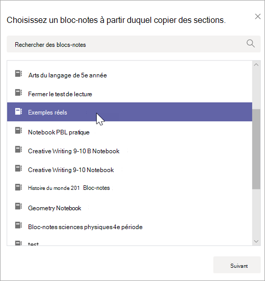 Choisissez un bloc-notes à partir duquel copier des sections.