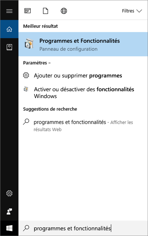 Ouvrir le menu Démarrer et taper Programmes et fonctionnalités